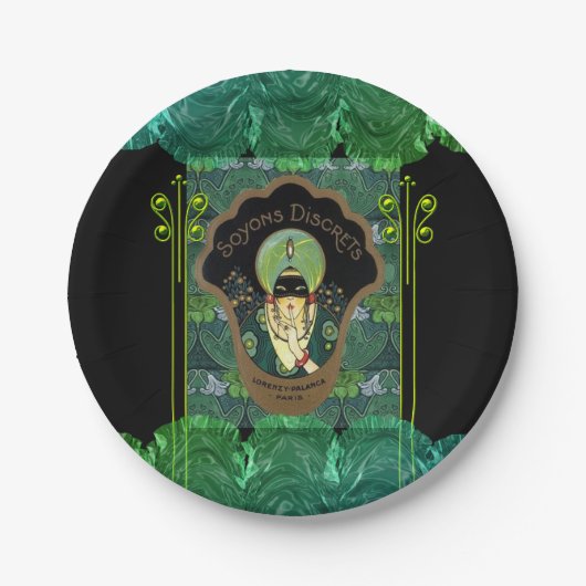 Art Deko maskierte Turbanfrau französisches Parfum Pappteller (Vorderseite)