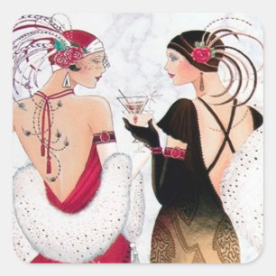 Art Deko Retro Vintage Damen Weihnachtsaufkleber Quadratischer Aufkleber