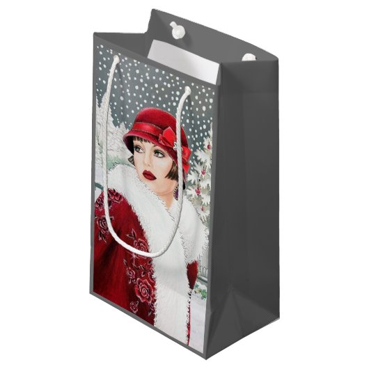 art Deko Retro Vintage Weihnachtsfrau Party Kleine Geschenktüte (Vorderseite Schrägansicht)