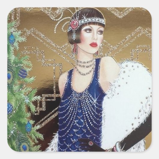Art Deko Retro Weihnachtsfeiertage Dame Quadratischer Aufkleber (Vorderseite)
