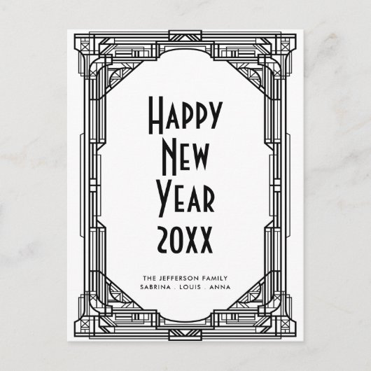 Art Deko Schwarz-Weiß glücklich Neues Jahr Postkarte (Vorderseite)