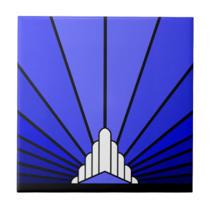 Art Deko Sun in blau Fliese