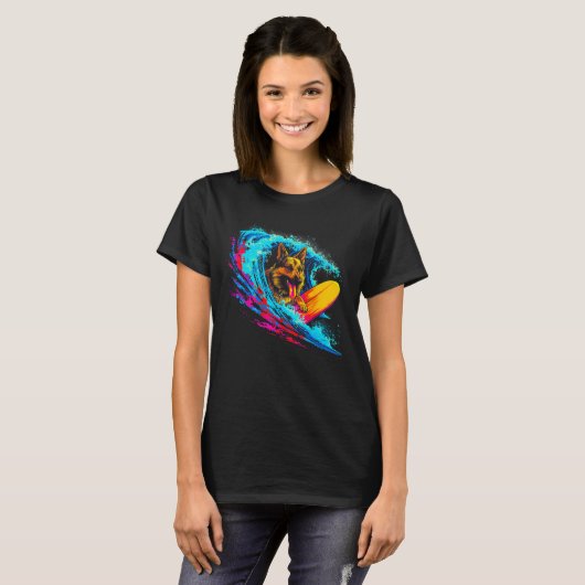 Art German Shepherd Dog Wave Surf T-Shirt (Vorne ganz)
