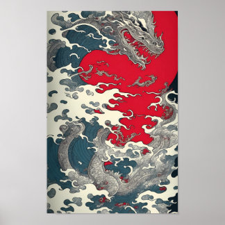 Art Hokusai Die Welle mit Drachen Poster