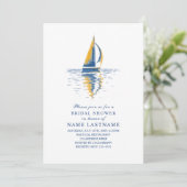 Art Navy Blue Yellow Sailing Boat Bridal Shower Einladung (Stehend Vorderseite)