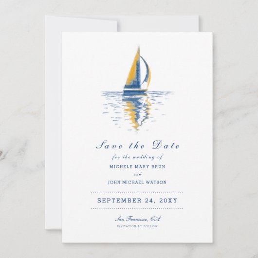 Art Navy Blue Yellow Segelboot Save the Date (Vorderseite)