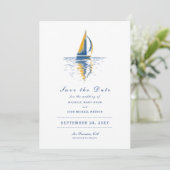 Art Navy Blue Yellow Segelboot Save the Date (Stehend Vorderseite)