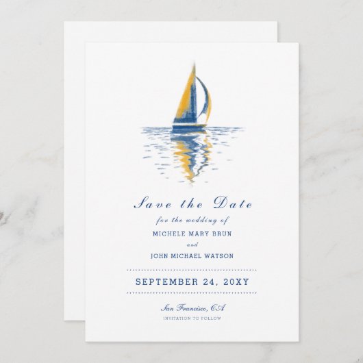 Art Navy Blue Yellow Segelboot Save the Date (Vorne/Hinten)