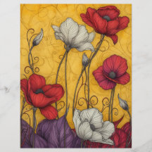 Art Neuveau Vintag Poppies Orange White Red