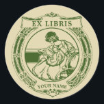 Art Nouveau 1903 Girl & Book Ex Libris Vorlage Runder Aufkleber<br><div class="desc">Dies ist ein digital erweiterter Ausdruck eines Vintagen Jugendstil- oder Kunsthandwerkstils von 1903 im Ex Libris Buchzeichen-Design mit einem Mädchen,  das ein Buch von einem Globus liest. Sie können den Text leicht personalisieren und die Farben in dieser Vorlage anpassen.</div>