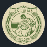 Art Nouveau 1903 Girl & Book Ex Libris Vorlage Runder Aufkleber<br><div class="desc">Dies ist ein digital erweiterter Ausdruck eines Vintagen Jugendstil- oder Kunsthandwerkstils von 1903 im Ex Libris Buchzeichen-Design mit einem Mädchen,  das ein Buch von einem Globus liest. Sie können den Text leicht personalisieren und die Farben in dieser Vorlage anpassen.</div>