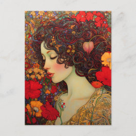 Art Nouveau A Women Amidst Red and Gold Poppies Postkarte