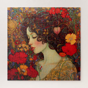 Art Nouveau A Women Amidst Red and Gold Poppies Puzzle