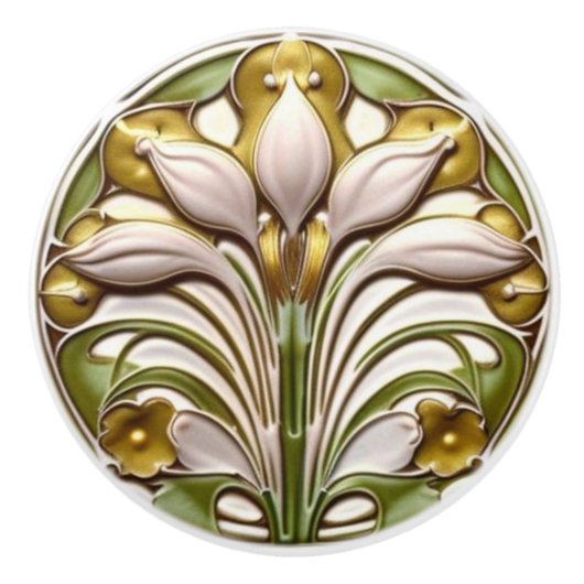 Art Nouveau Abstrakt White Gold Flora Keramikknauf (Vorderseite)