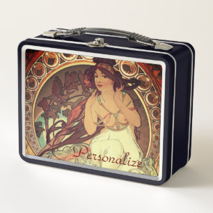 Art nouveau Alphonse Mucha elegante Vintage-Frau Metall Brotdose