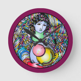 Art Nouveau Angel On Stained Glass Runde Wanduhr