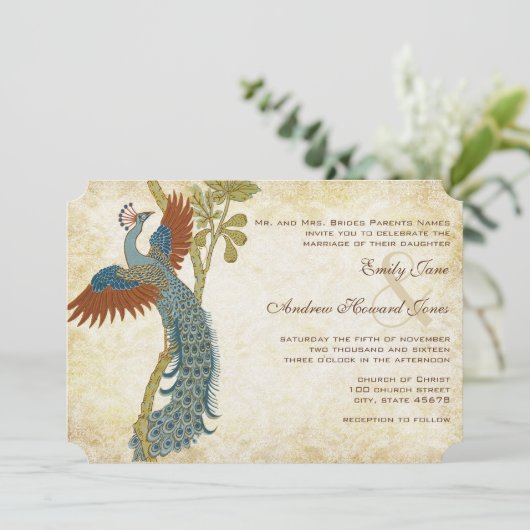 Art Nouveau Art Deco Pfau Vögel Hochzeit Einladung (Stehend Vorderseite)