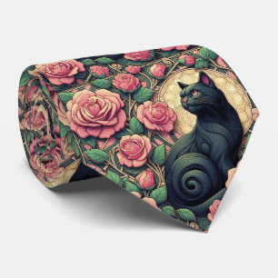 Art Nouveau Art Deco Schwarze Katze mit rosa Rosen Krawatte