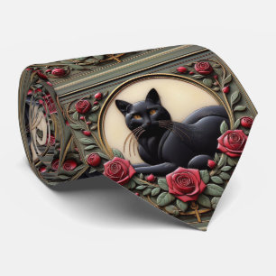 Art Nouveau Art Deco Schwarze Katze mit roten Rose Krawatte