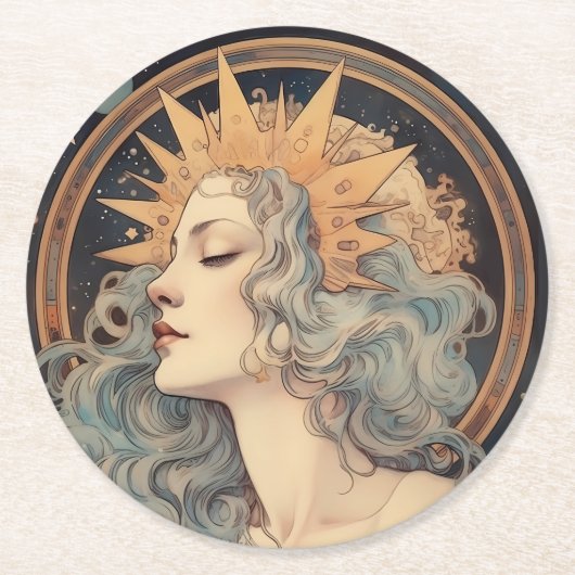 Art Nouveau Art Moon Stars Princess Runder Pappuntersetzer (Vorderseite)