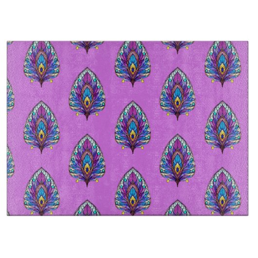 Art Nouveau Art verkleidet Glass Peacock Feather Schneidebrett (Vorderseite)