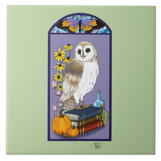 Art Nouveau Barn Owl Pumpkins Bücher Fliese (Vorderseite)