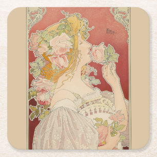 Art Nouveau Belle Époque Dame Rosen Livemont Rechteckiger Pappuntersetzer