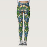 Art Nouveau Bird and Blume TapestPattern Leggings<br><div class="desc">Leggings in einem Jugendstil-Wandbild mit dem Titel "Der Erdbeerdieb",  aus stilisierten Vögeln,  Blume,  Erdbeeren und Blätter,  digital verstärkt und in sanften Blautönen,  Grün,  Beige und Bräunen auf dunkelblauem indigoblauem Hintergrund gehalten</div>
