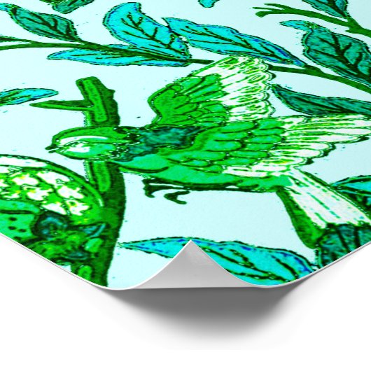 Art Nouveau Bird and Pomegranate, Turquoise & Aqua Poster (Ecke)