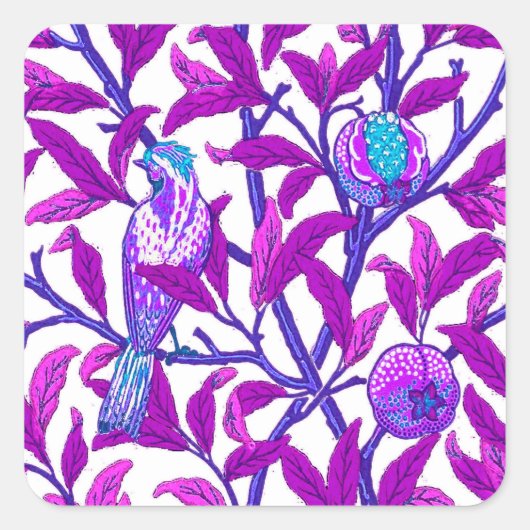 Art Nouveau Bird & Pomegranate, Amethyst Lila Quadratischer Aufkleber (Vorderseite)