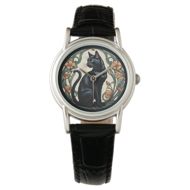 Art Nouveau Black Cat Armbanduhr (Vorderseite)