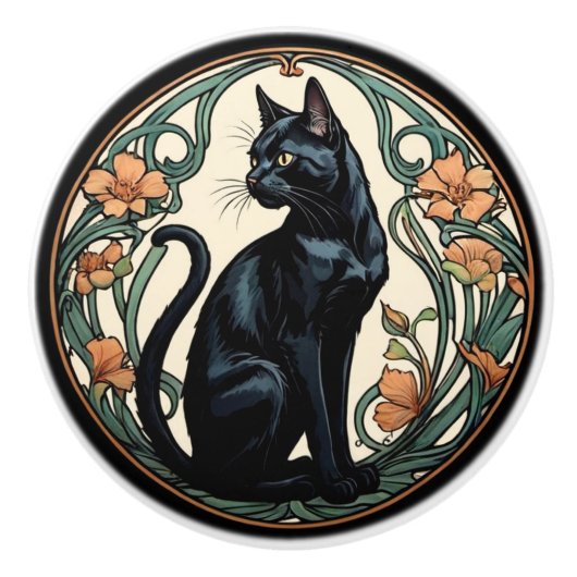 Art Nouveau Black Cat Keramikknauf (Vorderseite)