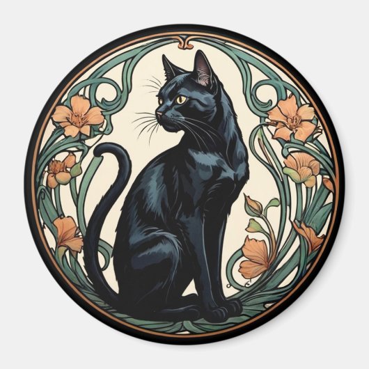 Art Nouveau Black Cat Magnet (Vorne)