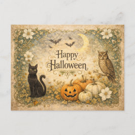 Art Nouveau Black Cat Owl Halloween Feiertagspostkarte