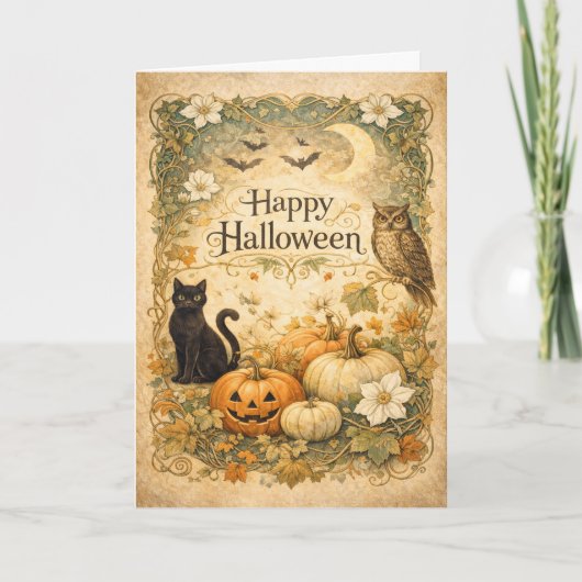 Art Nouveau Black Cat Owl Halloween Karte (Vorderseite)