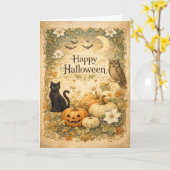 Art Nouveau Black Cat Owl Halloween Karte (Gelbe Blume)