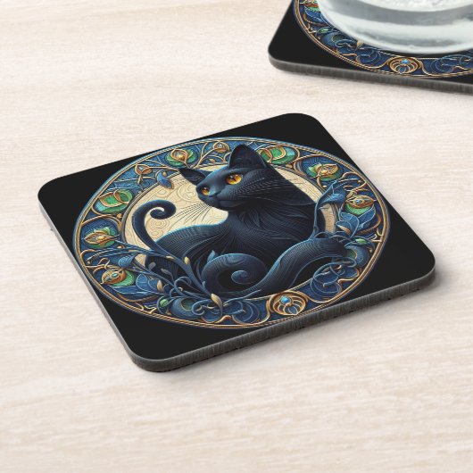 Art Nouveau Black Cat Plastik Untersetzer Set (Linke Seite)