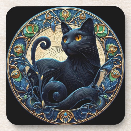 Art Nouveau Black Cat Plastik Untersetzer Set (Vorderseite)