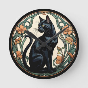 Art Nouveau Black Cat Runde Wanduhr