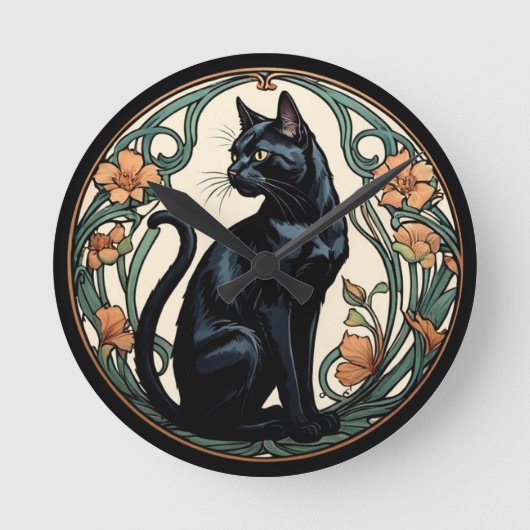 Art Nouveau Black Cat Runde Wanduhr (Vorderseite)