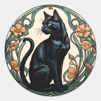 Art Nouveau Black Cat Runder Aufkleber