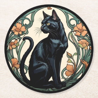 Art Nouveau Black Cat Runder Pappuntersetzer