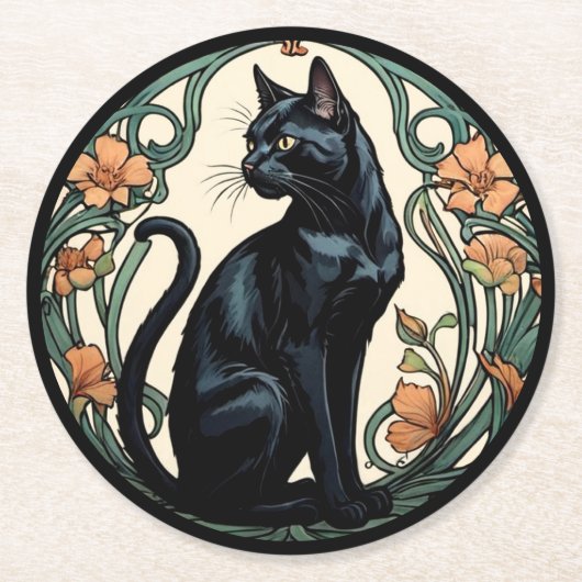 Art Nouveau Black Cat Runder Pappuntersetzer (Vorderseite)