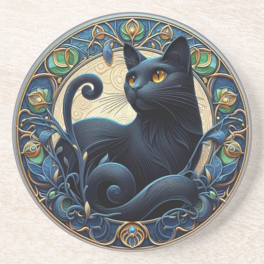 Art Nouveau Black Cat Stone Untersetzer (Vorne)