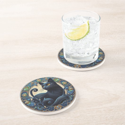 Art Nouveau Black Cat Stone Untersetzer (Seite)