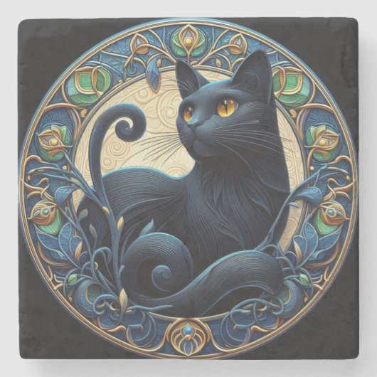 Art Nouveau Black Cat Stone Untersetzer (Vorderseite)