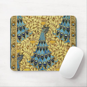 Art Nouveau - Blaues Pfauen Blumenmuster im Vintag Mousepad