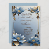 Art nouveau blue and gold lotus flowers wedding save the date (Vorne/Hinten)