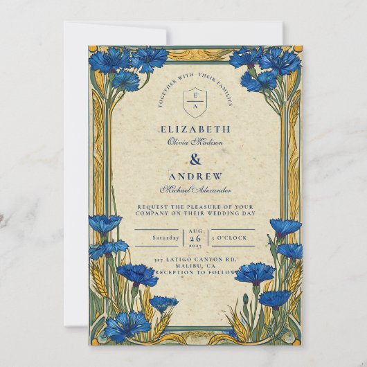 Art Nouveau Blue Cornflower Wedding Einladung (Vorderseite)