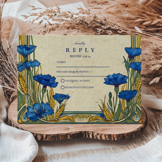 Art Nouveau Blue Cornflower Wedding RSVP Karte